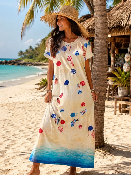 FARM Rio Dresses & Skirts - Farm Rio Women’s Cream Beach Maxi Cover-Up Dress with Blue Ombre